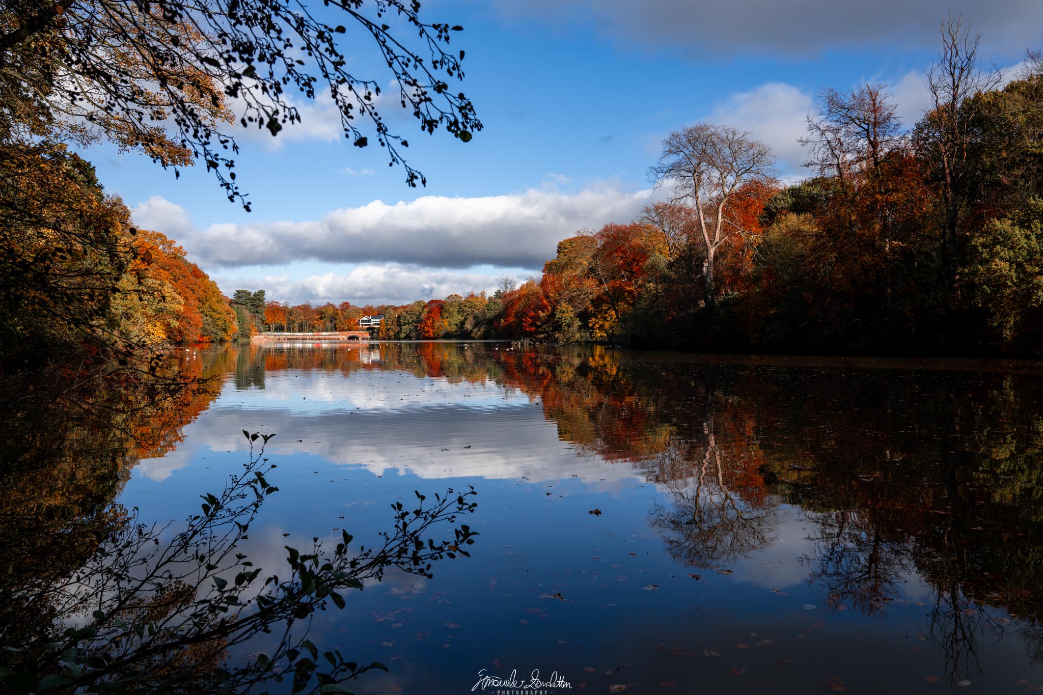 Autumn trees and blue sky reflected in Lymm Dam, photographed by Emanuele Zanchettin